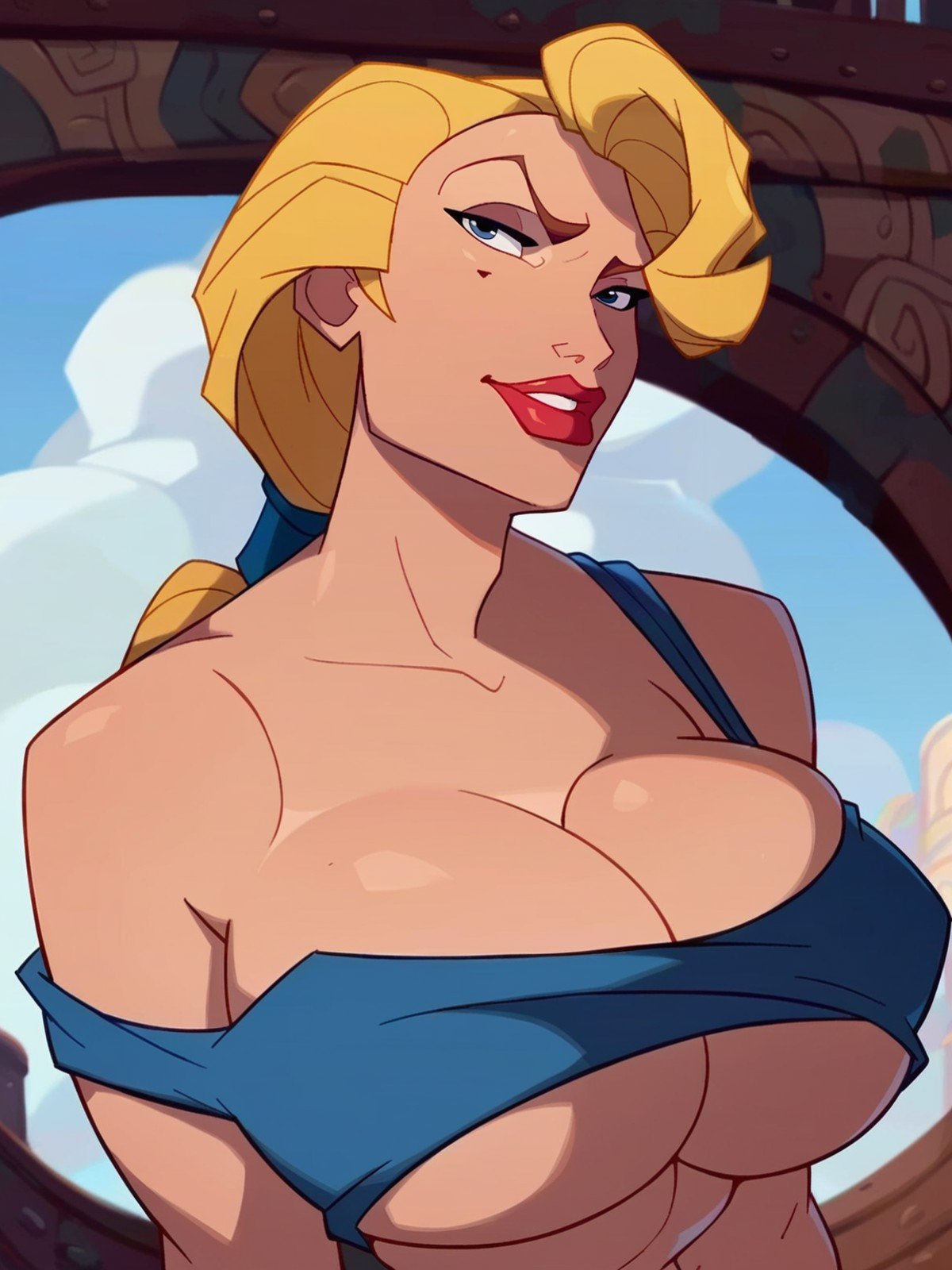 <lora:Helga_Sinclair:0.8> 1girl, blue eyes, blond hair, long ponytail hair, red lips, mole under eye,     croptop underboobs, huge breasts, score_9, score_8_up, score_7_up,