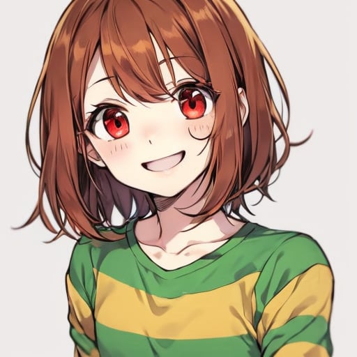 <lora:Chara_Undertale:1>, chara undertale, brown hair, red eyes, striped shirt, smiling