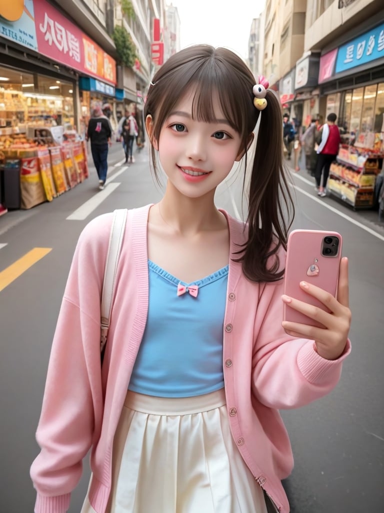 ((score_9, realistic)), ((face focus)), ((fair skin)), ((skinny)), ((walking on street close to storefront)), 1girl, one side up, hair ornament, idol, jpop, kpop, belle, pretty, petite, parted lips, light smile, pink cardigan, selfie, holding cellphone, looking up, head high, <lora:ADetailerNetidolFace_pony:0.5>,