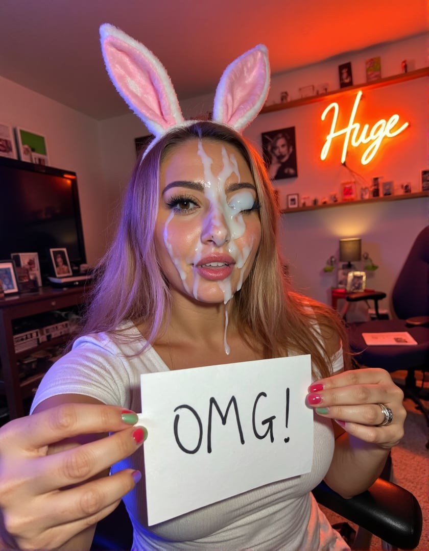 selfie of a twitch streamer woman sitting in a cute streamer room and wearing bunny ears. she is holding a handwritten note that says ""OMG!". her face is well lit by studio lights. She has a massive amount of cum on her face. There is thick white cum dripping down over her left eye. A orange neon sign in the background reads "Huge". long cum ropes, thick cum, vertical ropes, cum in hair, cum over eye