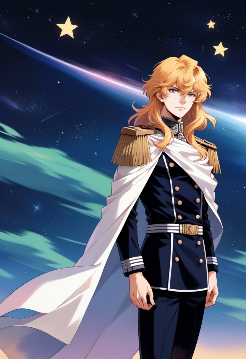 <lora:pony_xl_Reinhard:0.8>,Reinhard,score_9,score_8_up,male,1boy,long hair,male focus,star \(sky\),uniform,white cape,cape,epaulettes,hyper_galaxy,military,military uniform,military clothing trousers,shaded_face,standing,stars,starry_background,black_background,cowboy_shot,from_side,no ground,