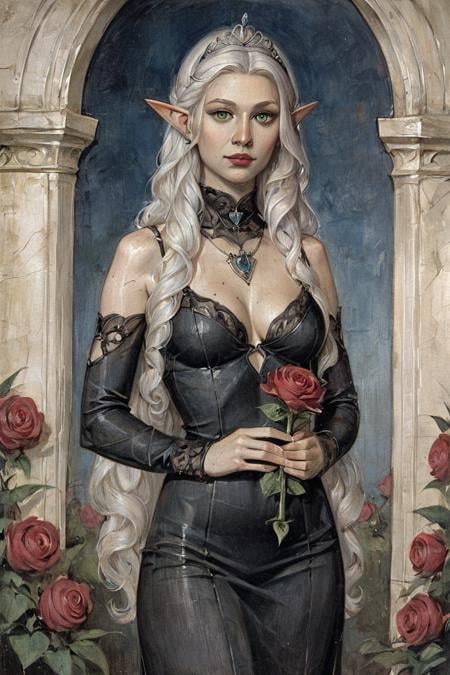 score_9, score_8_up, score_7_up, rating_safe, gothic art, oil painting, traditional media, realistic, 1girl, solo, elf, pointy ears, breasts, long hair, very long hair, white hair, green eyes, portrait, looking at viewer, black dress, tiara, silver tiara, holding, holding flower, rose, red rose, necklace, jewelry, cowboy shot, standing, outdoors, castle <lora:Gothic Art 2 Style SDXL_LoRA_Pony Diffusion V6 XL:0.7>