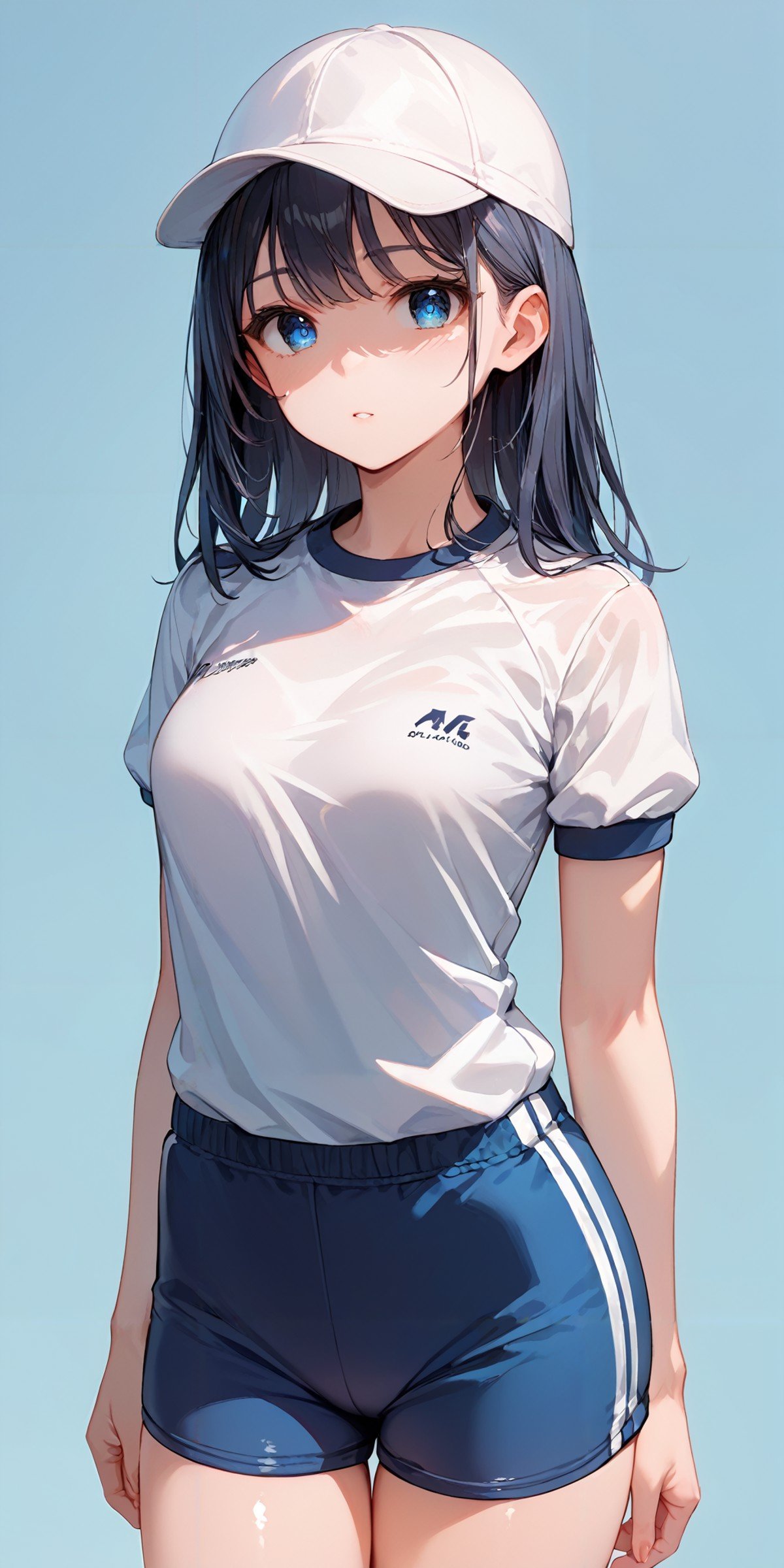 score_9, score_8_up, score_7_up,source_anime, high res image,masterpiece,best quality,girl,cute face,clear skin,shiny hair,ultra detailed eyes,simple background,<lora:test_Pony_V2.0:1>gym uniform,blue shorts,white cap