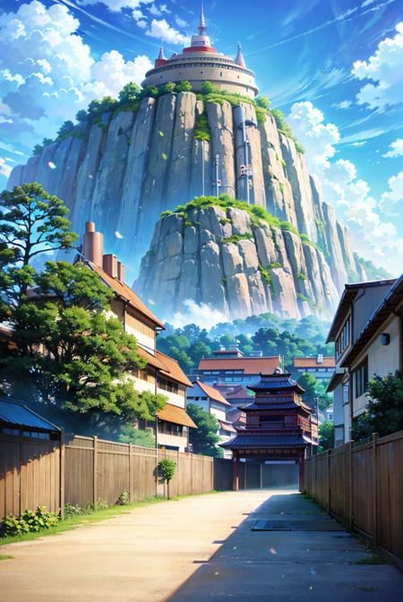 photography, konohavillage konoha gate walls, house, ramen, cable, tree, head statues of hokage at mountain, flower, at dawn, zebra cross, cloudy sky, cloud, pastel color, <lora:ARWKonohaVillage:1>