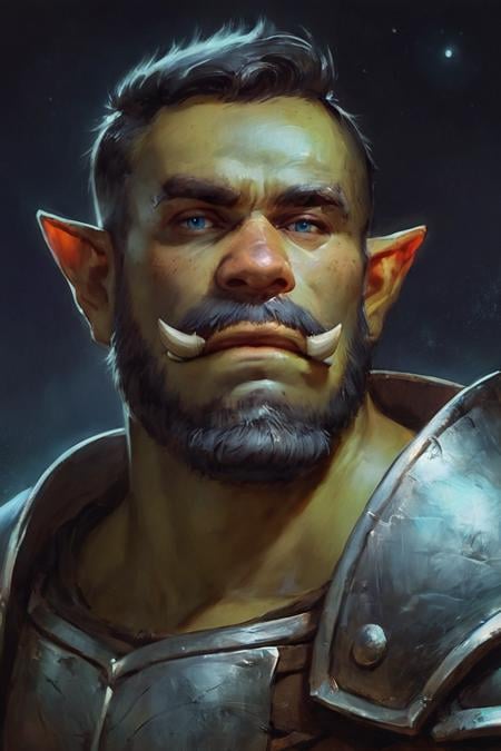 score_9, score_8_up, score_7_up, 1boy, solo, male focus, mature male, orc, green skin, tusks, blue eyes, short hair, black hair, facial hair, beard, mustache, looking at viewer, armor, shoulder armor, breastplate, pauldrons, upper body, closed mouth, standing, outdoors, night, night sky, dark background <lora:Oil Painting Sharp Style LoRA_Pony XL v6:1>