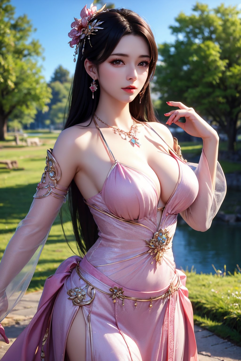 (best quality:1.4),(masterpiece:1.4),(8K:1.4),(extremely detailed:1.4),1girl,solo,pink see-through,dress,long hair,necklace,jewelry,breasts,sky,hair ornament,elegant pose,outdoors,scenery,