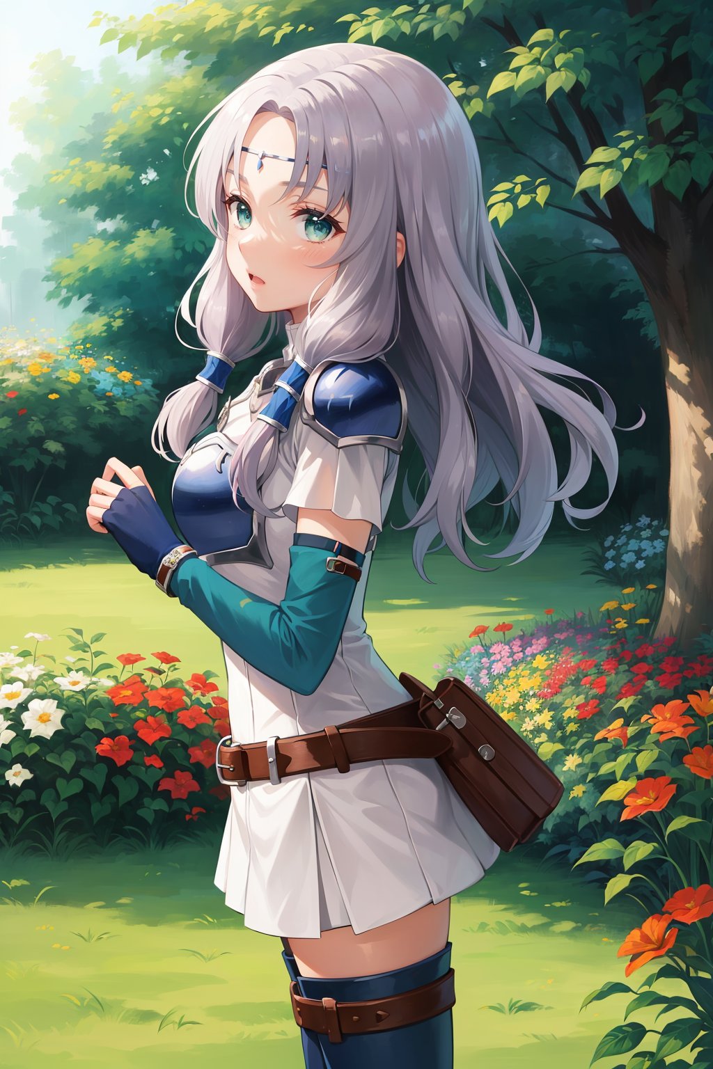 masterpiece, best quality, florina, circlet, armor, white dress, belt, fingerless gloves, cowboy shot, thigh boots, looking at viewer, from side, surprised, wide open eyes, garden <lora:florina-nvwls-v1-000012:0.9>