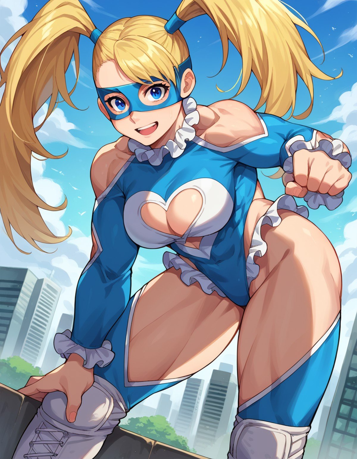 score_9, score_8_up, score_7_up, source_anime,rainbowmika, <lora:rainbow-mika-ponyxl-lora-nochekaiser:1>,rainbow mika, blonde hair, blue eyes, hair pulled back, long hair, muscular, muscular female, twintails,bare shoulders, blue leotard, clothing cutout, domino mask, heart cutout, knee pads, leotard, mask, shoulder cutout, thighs, wrestling mask, wrestling outfit,outdoors, cityscape, bent over,looking at viewer, dutch angle, cowboy shot,