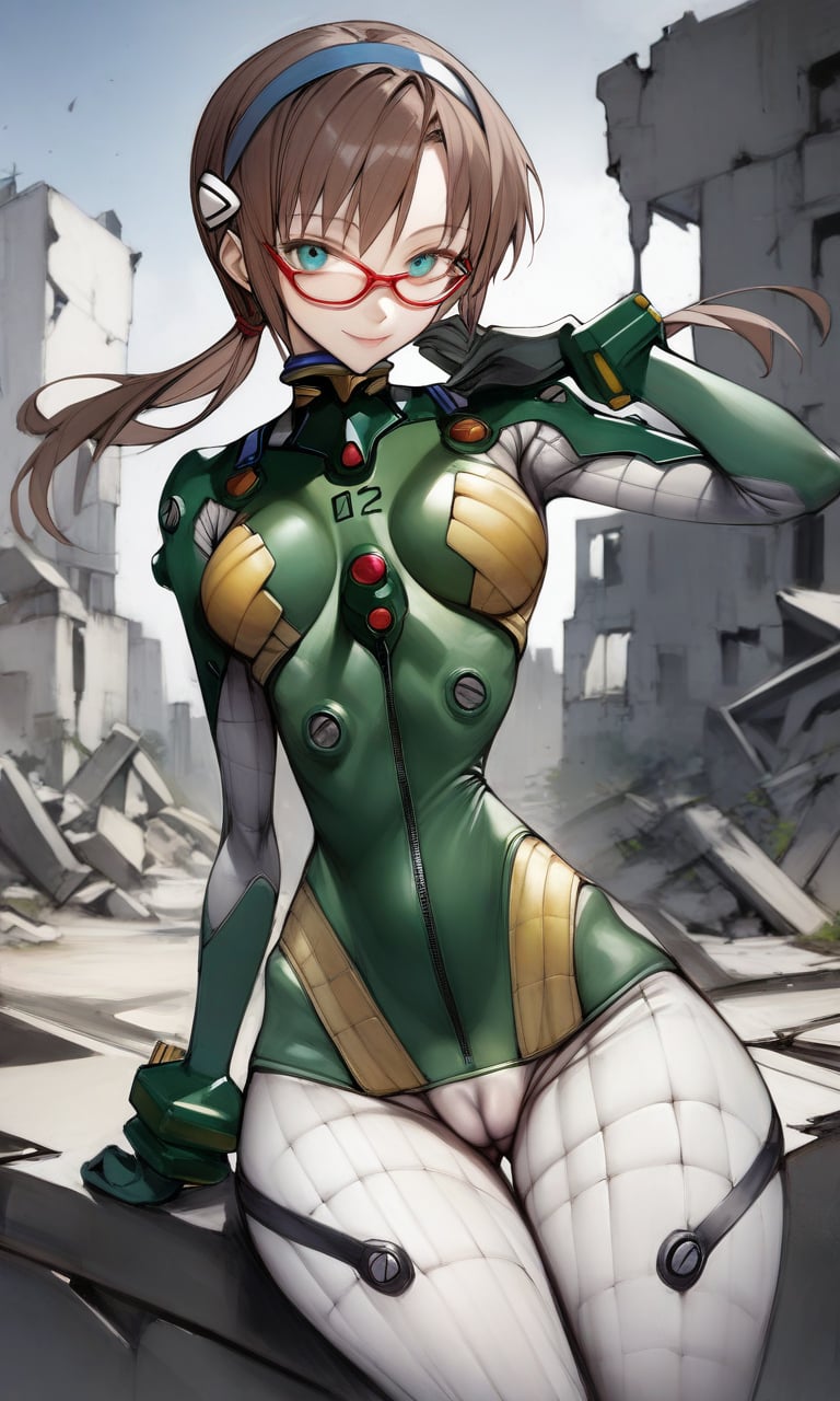 solo, 1girl, maritest, aqua eyes, hairband, brown hair, red-framed eyewear, green plugsuit, bracer, quilted bodysuit, narrow waist, cameltoe, thick thighs, wide hips, looking at viewer, light smile, cameltoe, outdoors, ruins, masterpiece, absurdres, by nyatabe, <lora:MariTestSuit_XL:0.85><lora:Nyatabe_XL:1> 