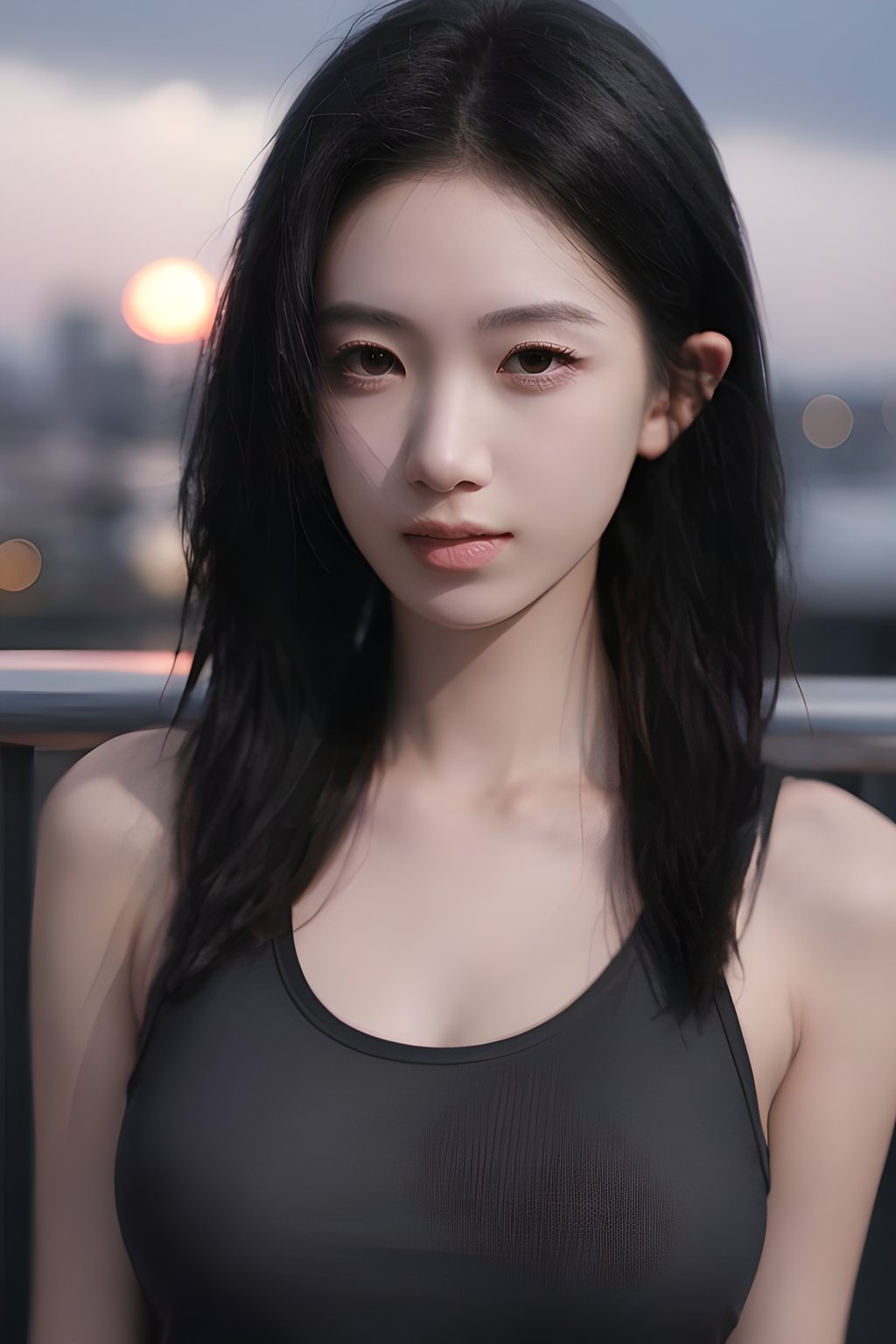 <lora:0830_01:0.7>,Frontal photography,Look front,evening,dark clouds,the setting sun,On the city rooftop,A 20 year old female,Black top,Black Leggings,black hair,long hair, dark theme, muted tones, pastel colors, high contrast, (natural skin texture, A dim light, high clarity) ((sky background))((Facial highlights)),, 1girl,realistic,masterpiece, best quality, photorealistic, HDR,detail