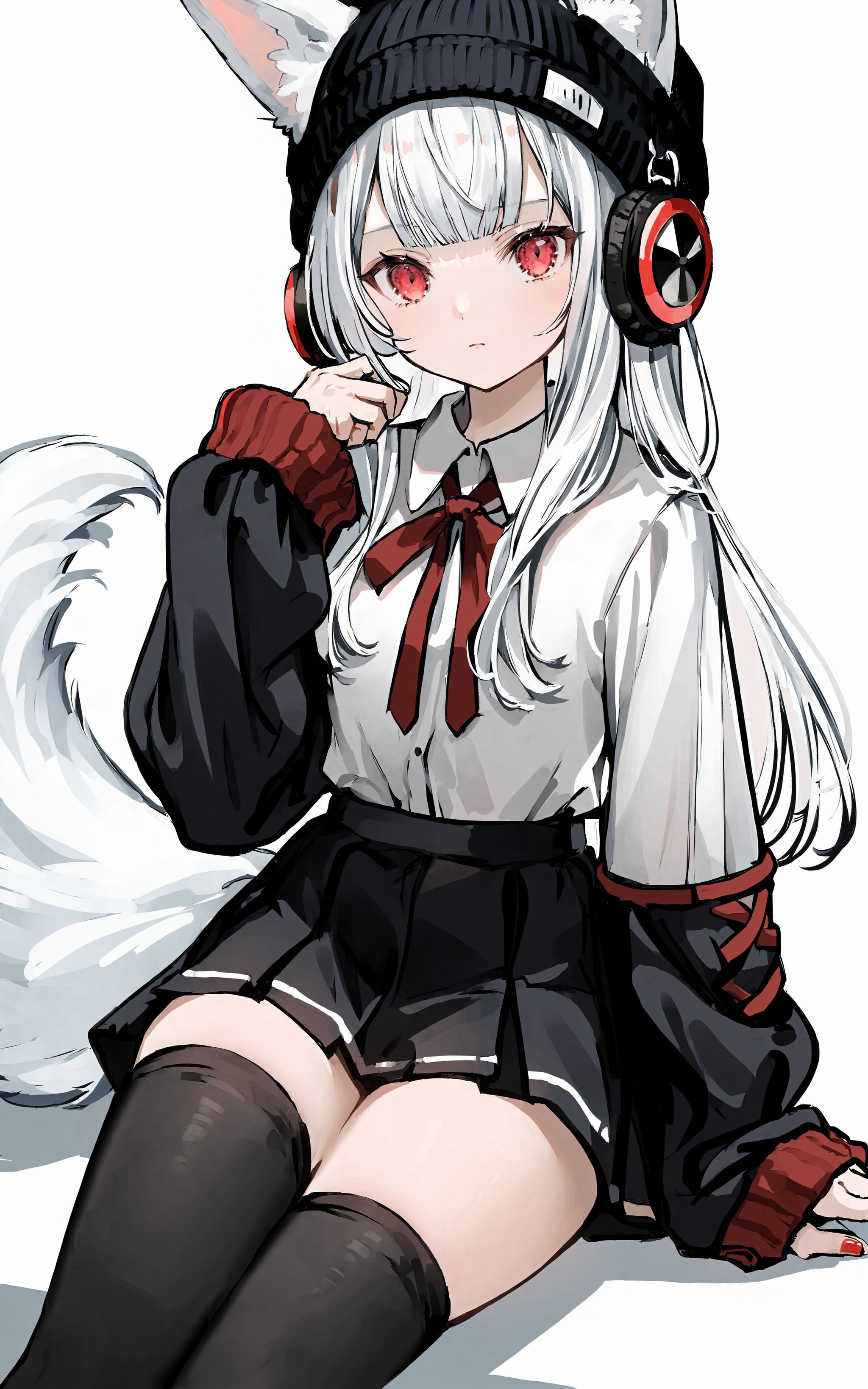 1girl, solo, thighhighs, animal ears, long hair, sitting, beanie, long sleeves, shirt, looking at viewer, fox ears, red eyes, layered sleeves, black skirt, crossed legs, ears through headwear, skirt, black thighhighs, white background, sleeves past wrists, feet out of frame, closed mouth, bangs, fox girl, headphones, simple background, fox tail, hat, collared shirt, white hair, white shirt, tail, zettai ryouiki, black headwear, nail polish, short over long sleeves, hand up, miniskirt    <lora:XLTEST 10:0.75>