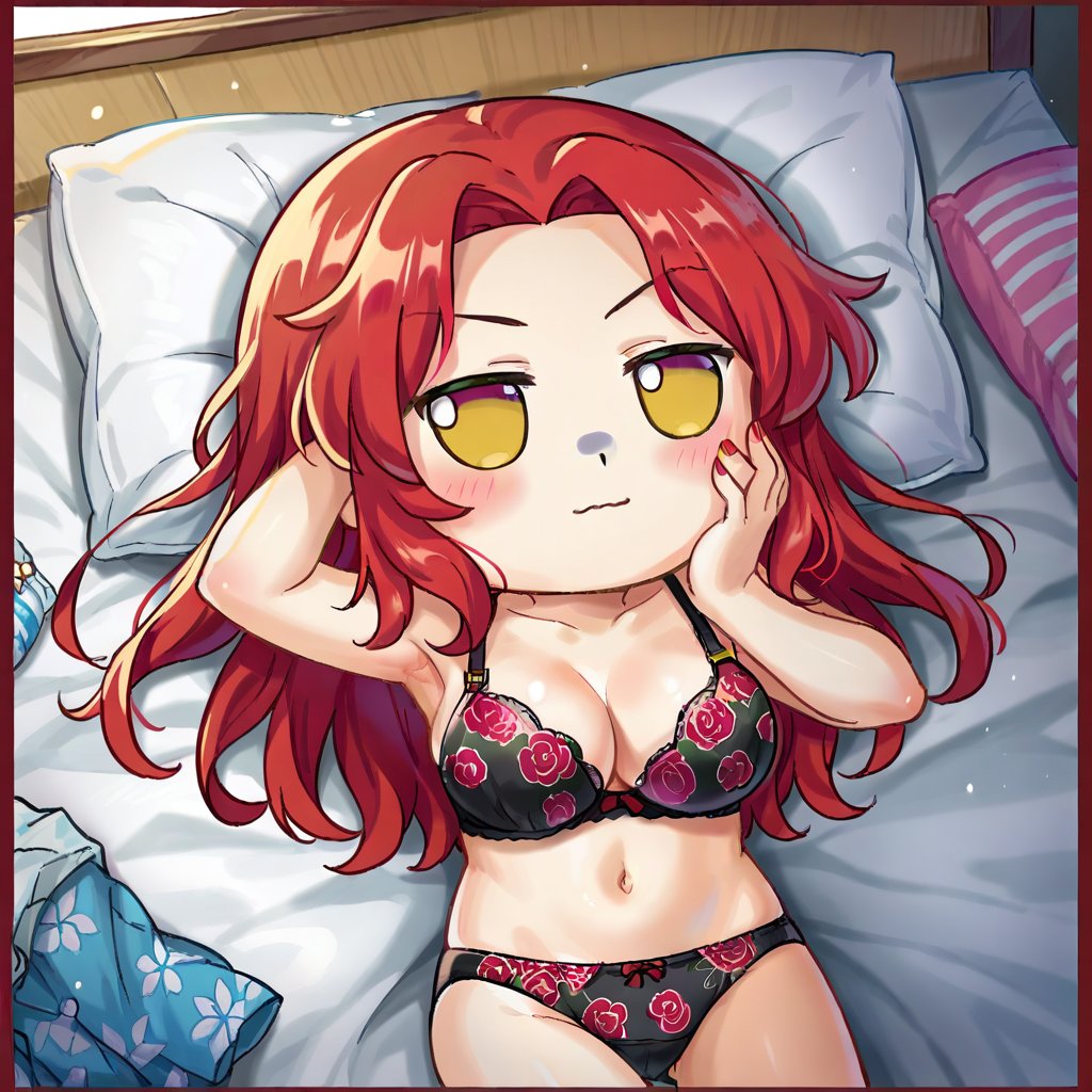 1girl,    fumo doll, chibi, solo, lying, panties, underwear, navel, print panties, character doll, red border, v-shaped eyebrows, on back, parted bangs, floral print, black panties, long hair, nail polish, armpits, stomach, hand on own face, red nails, blush, breasts, print bra, large breasts, pillow, border, alternate hairstyle, chibi inset, bra, wavy mouth, alternate hair length, score_9, score_8_up, score_7_up, source_anime <lora:XL_fumo_(doll)(pony):1>