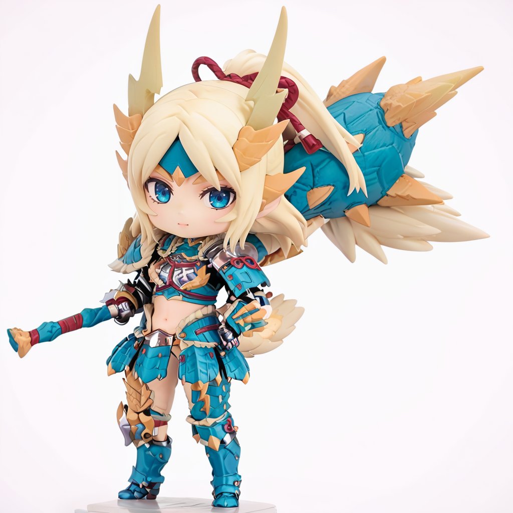 (score_9:0.9),score_8_up,score_7_up,rating_safe,anime style,(zPDXL),<lora:Zinogre armor ponyXL v2:0.88>,Zinogre armor,cyan gauntlets,cyan armor boots,1girl,solo,chibi,huge hammer,holding huge hammer,huge weapon,3d,pvc figure,looking at viewer,holding,white background,simple background,long hair,full body,