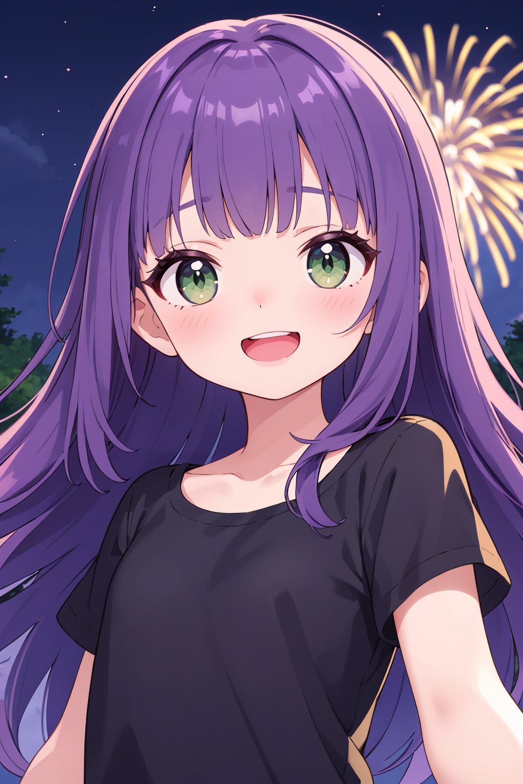 (masterpiece), best quality, expressive eyes, perfect face, solo, petite, long hair, wavy hair, blunt bangs, purple hair, green eyes, flat chest, black t-shirt, smile, open mouth, short sleeves, forest, night, fireworks, 
