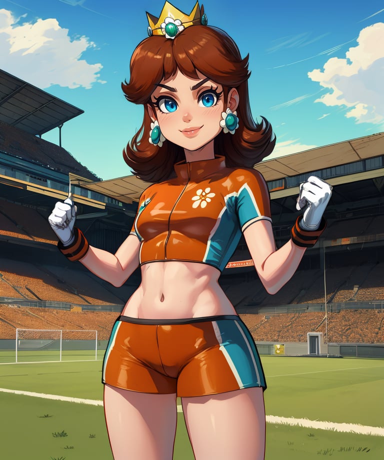 Daisy,brown hair,blue eyes,flower earrings,small crown,number 8 soccer uniform,short sleeves,white gloves,orange teel shorts,midriff,clenched hands,standing,smile,soccer field,science fiction,outdoors,(insanely detailed, masterpiece, best quality),<lora:Daisy-11SMSv9:0.9>,