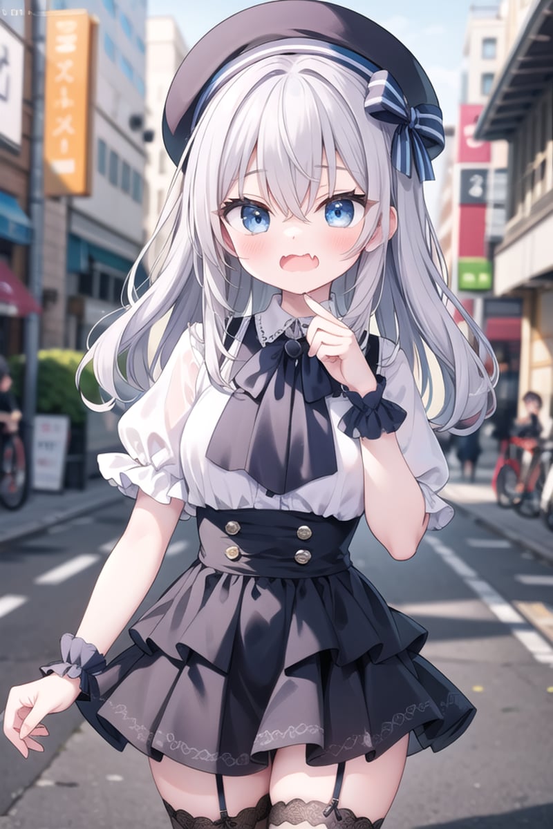 <lora:wavymouth_type7_v100:1>insanely detailed, absurdres, ultra-highres, ultra-detailed, best quality,1girl, solo, nice hands, perfect handsBREAK(gothic drress, Idol costume:1.3), (orange and white theme:1.2), (white blouse:1.4), (white collar, tie:1.3), (open short-cape:1.3), (short sleeve:1.2), (orange tartan-check pattern (ruffle-skirt, multilayer-skirt):1.4), (white basque-beret with ribbon:1.3), (Fishnet stockings:1.3), (glove:1.2), (cleavage:-1.5)BREAKsurprised, open mouth, fangBREAK(45 angle:-1.5), (from side:-1.5),standing, cowboy shot, looking at viewerBREAKslender, kawaii, perfect symmetrical face, ultra cute girl, ultra cute face, ultra detailed eyes, ultra detailed hair, ultra cute, ultra beautifulBREAKin street, cityscape in tokyo, depth of field, ultra detailed backgroundBREAKmedium large breastsBREAKpurple hair, blue eyes, wavy hair, hair between eyes