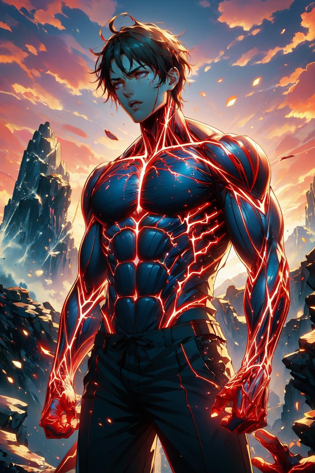 masterpiece, best quality,    <lora:glowingveins-nvwls-v1-000012:0.8> 1boy, glowingveins, red theme, glowing veins, muscular, yelling, cowboy shot, fists, red sky, mountains