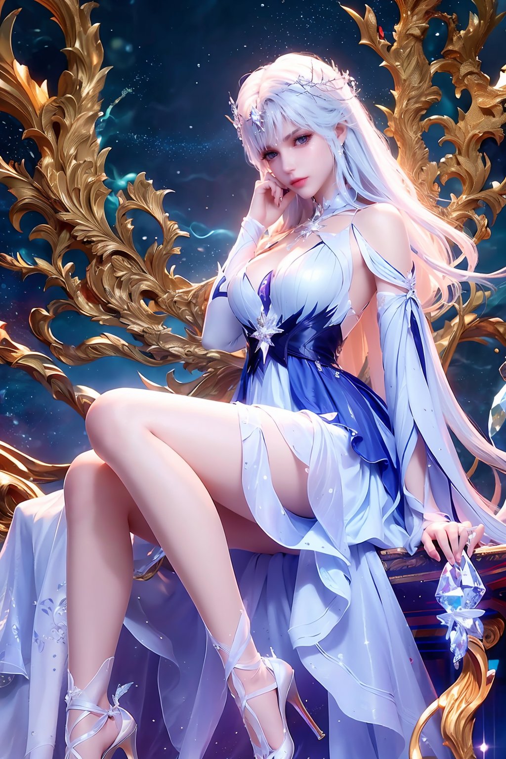 <lora:wy_shengcaier_juexing_1.0:0.8>,A movie cover photo of a beautiful woman,visible cleavage,1girl,dress,long hair,solo,sitting,white hair,high heels,white dress,holding,bare shoulders,bare legs,hair ornament,detached sleeves,<lora:鎏金暗香_v1:0.6>,, (8k, RAW photo, best quality, masterpiece:1.2),(realistic, photo-realistic:1.3), ultra-detailed, extremely detailed cg 8k wallpaper,(crystalstexture skin:1.2), (extremely delicate and beautiful),