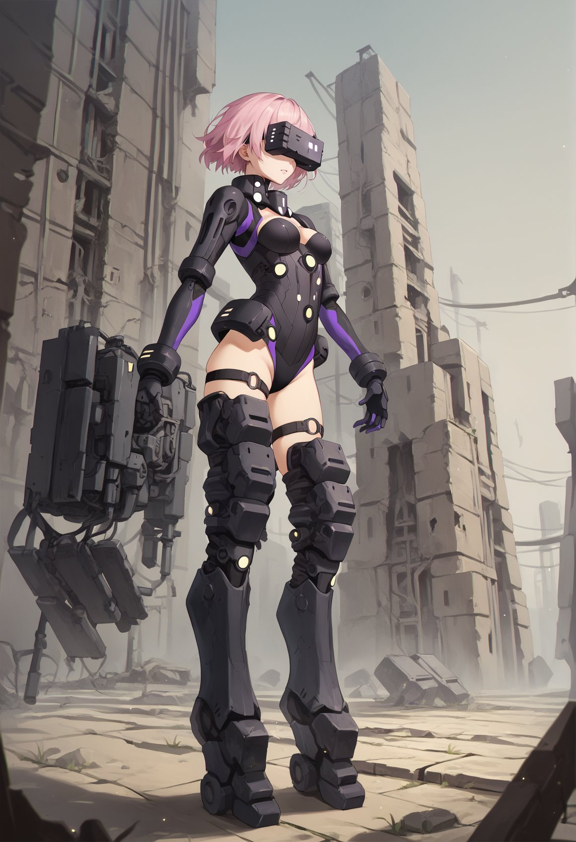 1girl, short hair, pink hair, purple eyes, leotard, Clothing Cutout, mecha, high collar, power suit, mechanical gloves, Mechanical Boots, Head-Mounted Display, outdoors, ruins, post-apocalypse, leds <lora:Mashu:1>, score_9, score_8_up, score_7_up, score_6_up, score_5_up, score_4_up, BREAK source_anime, masterpiece