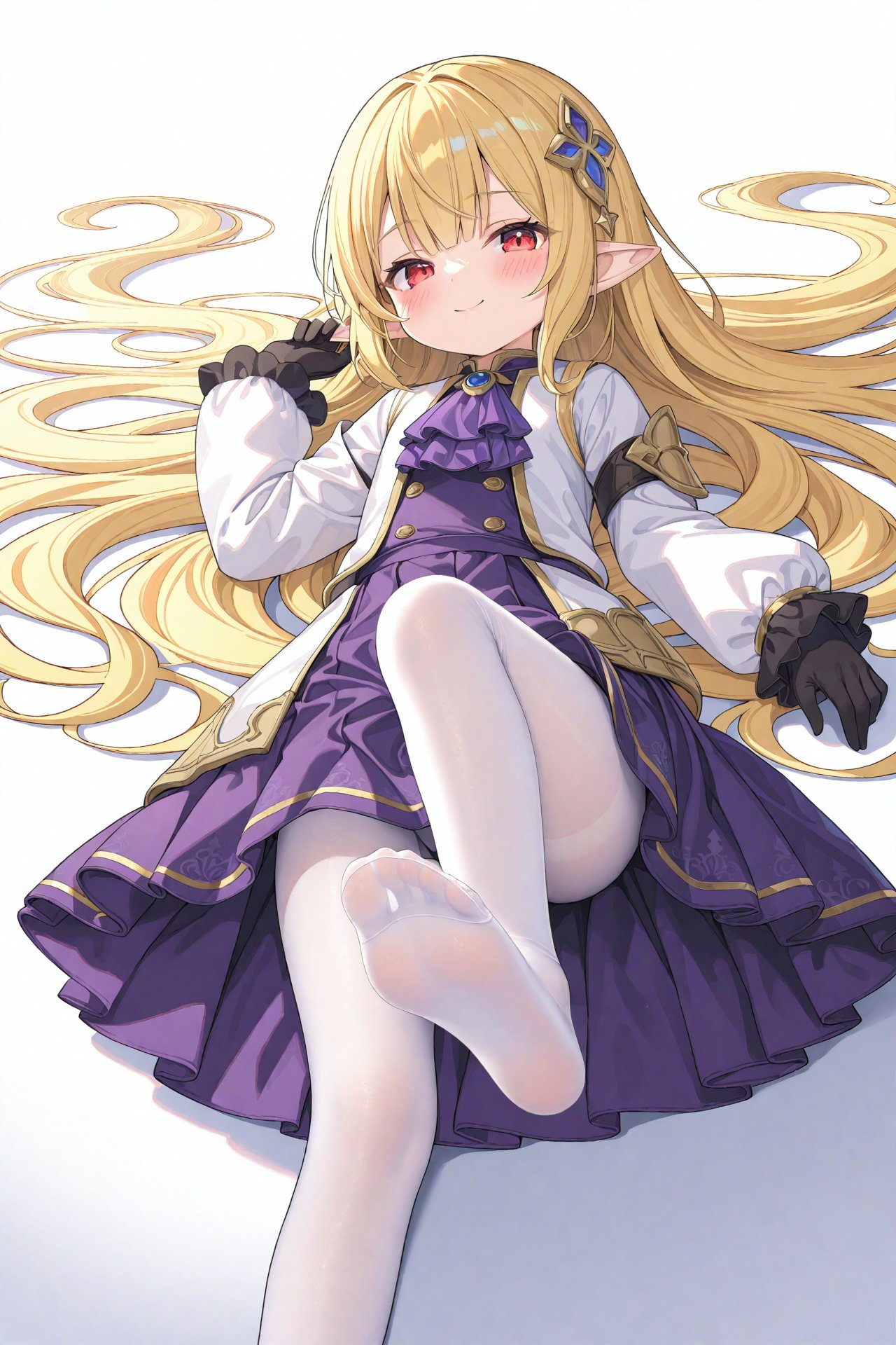 masterpiece,best quality,illustration,ultra detailed,hdr,Depth of field,(colorful),1girl,white pantyhose,pantyhose,solo,pointy ears,feet,gloves,no shoes,long hair,soles,black gloves,lying,toes,looking at viewer,foot out of frame,harvin,ascot,smile,on back,long sleeves,purple skirt,skirt,blonde hair,purple ascot,closed mouth,hair spread out,red eyes,very long hair,blush,shirt,legs,hair ornament,white background,