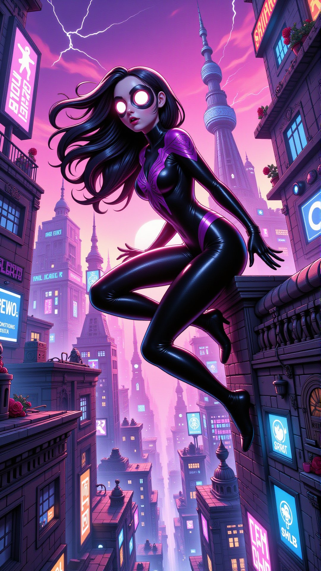 In the neon-drenched, cyberpunk metropolis of New Elysium, Spider-Woman 2099, clad in a sleek black and purple jumpsuit, perches atop a holographic billboard, her eyes glowing like embers as she launches a gravity-defying leap towards the rooftop of the Omicron Tower, her web-shooters firing tendrils of iridescent energy that crackle with electricity.