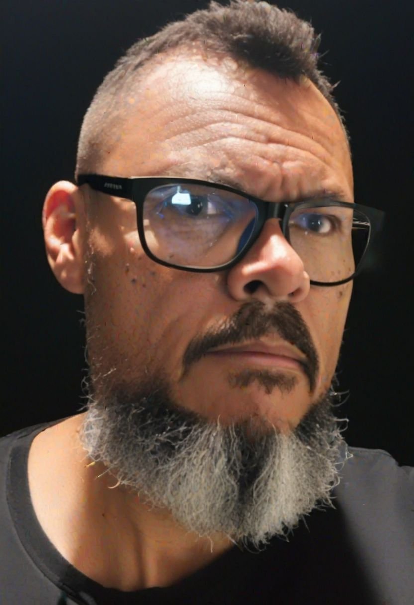 The photo depicts a 45-year-old man with brown eyes, gray glasses, and a modern military haircut. black t-shirt, he has a rough lumberjack beard, notably hairy chest, facing the camera with a subtly sensual look. Backlit with a yellowish hue, chiaroscuro lighting highlights the details of your skin. The dark background emphasizes your figure. This UHD image conveys intriguing masculinity. Shot with an SLR camera, soft lighting, high quality, Film grain, FUJI XT3., gutto2024Apr