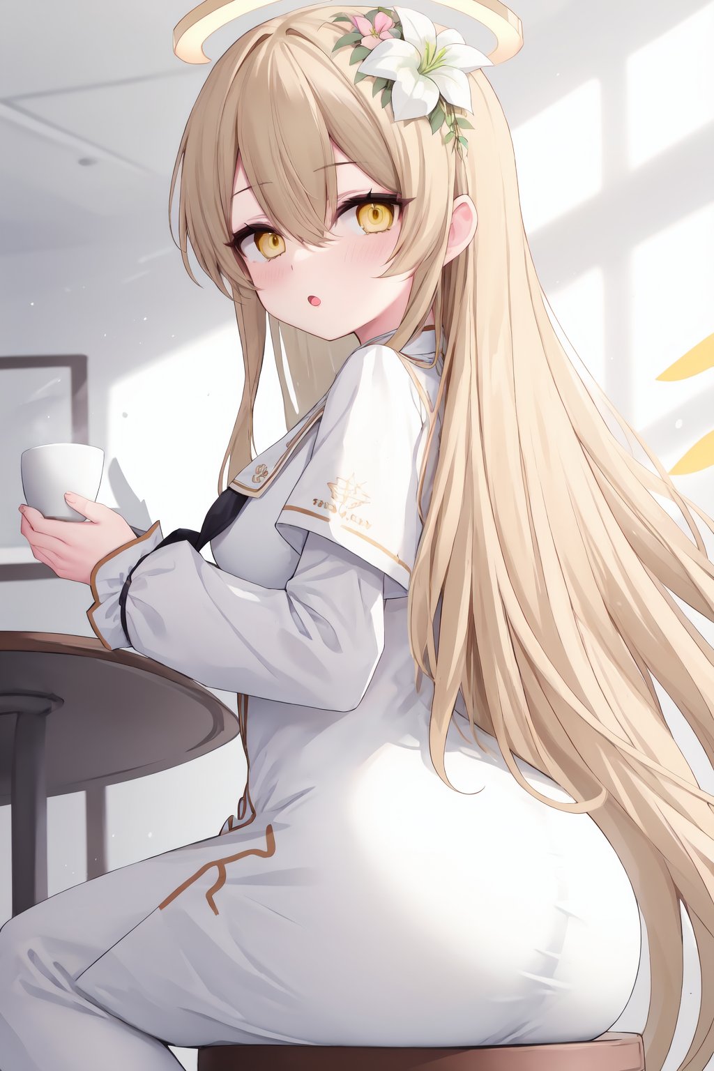 1girl,flower,solo,hair flower,hair ornament,long hair,looking at viewer,dress,sitting,white flower,white dress,blush,long sleeves,bangs,yellow eyes,blonde hair,wings,ass,white wings,hair between eyes,parted lips,very long hair,table,cup,looking back,halo,:o,chair,