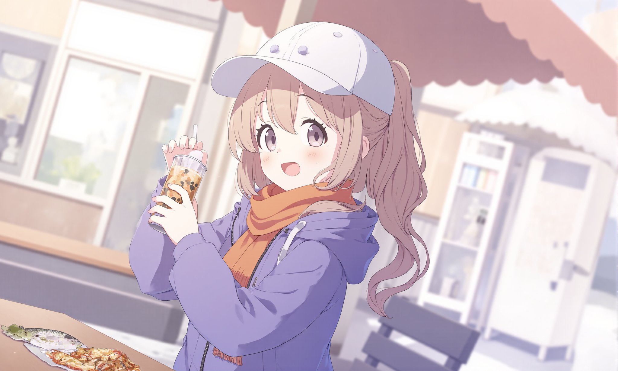 1girl,    open mouth, upper body, long sleeves, purple coat, grey eyes, brown hair, eating, smile, animal print, fish, solo, bubble tea, hooded coat, hood, drink, hat, drinking, outdoors, wavy hair, white hoodie, drink can, can, scarf, orange scarf, alternate costume, baseball cap, blush, canned coffee, coat, winter coat, tumbler, looking at viewer, hoodie, long hair, hair between eyes, ponytail, winter clothes <lora:BastylrV2:1>