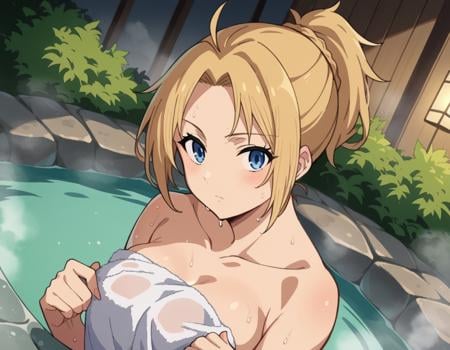 score_9, score_8_up, score_7_up, source_anime,zenithgreyrat, <lora:zenith-greyrat-s1-ponyxl-lora-nochekaiser:1>,zenith greyrat, short hair, blonde hair, blue eyes, ponytail, ahoge,nude, naked,outdoors, onsen, towel, naked towel, steam, bathing, nude cover, partially submerged, water, bath, steam censor, wet towel,looking at viewer, dutch angle, cowboy shot,