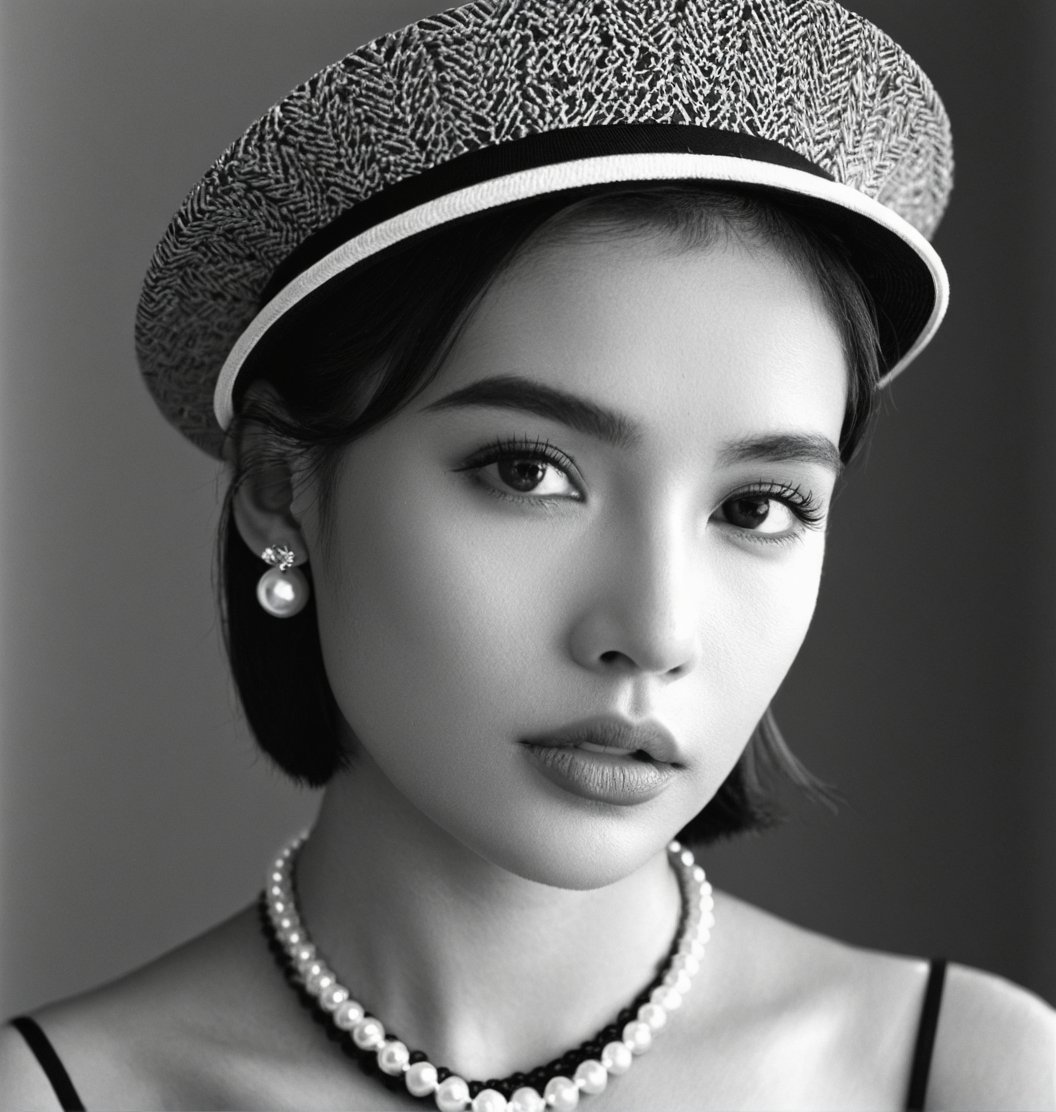 Gray,Monochrome,(black-and-white photograph:1.5),,,black-and-white photograph,1girl,jewelry,necklace,monochrome,greyscale,solo,earrings,hat,pearl necklace,looking to the side,realistic,mole,lips,mole under eye,short hair,upper body,portrait,<lora:heibaishey:0.8>,<lora:add_detail:1>