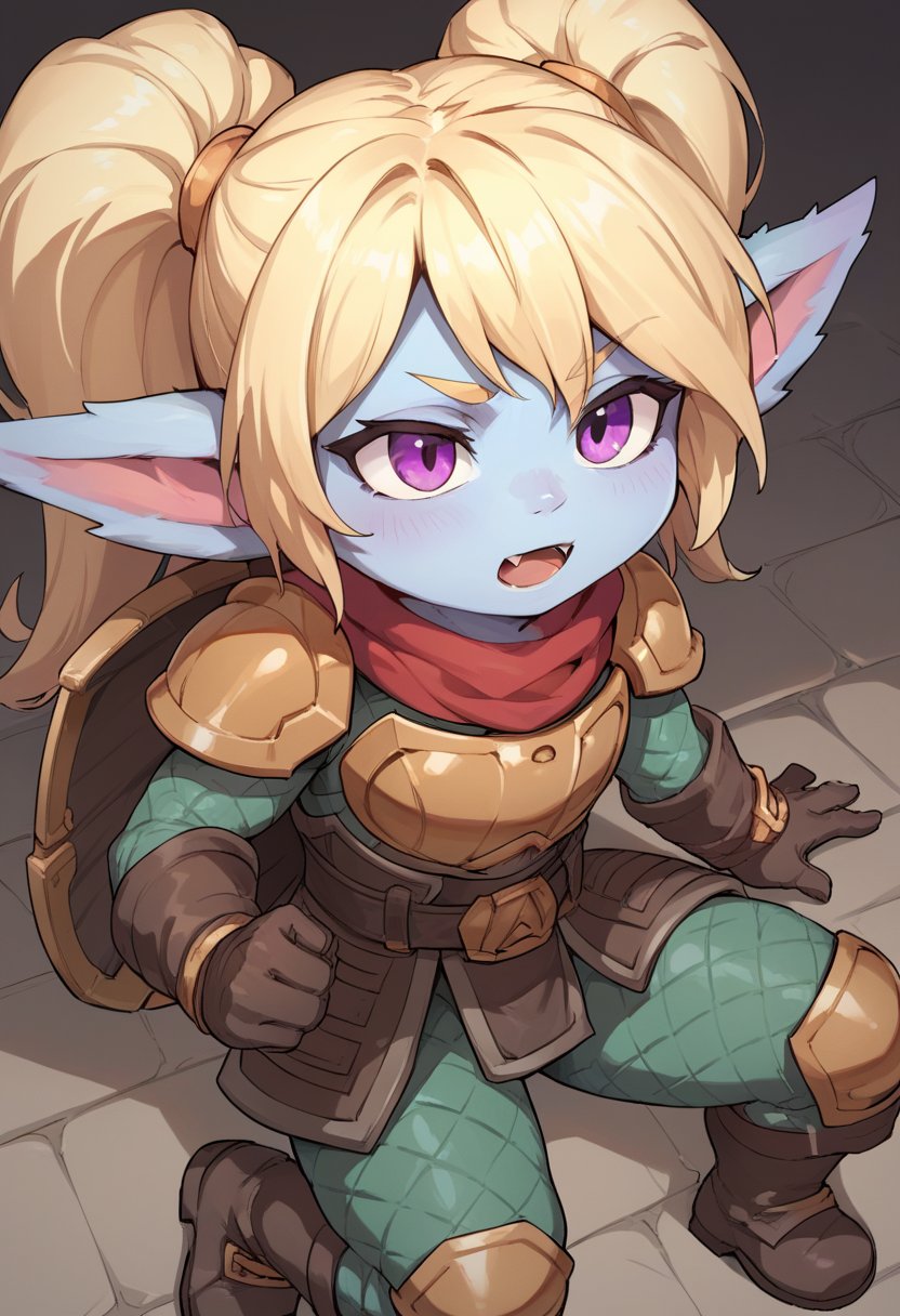 score_9, score_8_up, score_7_up, p0ppy, 1girl, yordle, colored skin, pointy ears, twintails, long hair, blonde hair, purple eyes, fang, red scarf, armor, shoulder armor, gloves, boots, <lora:Poppy_Default_v2:0.7>