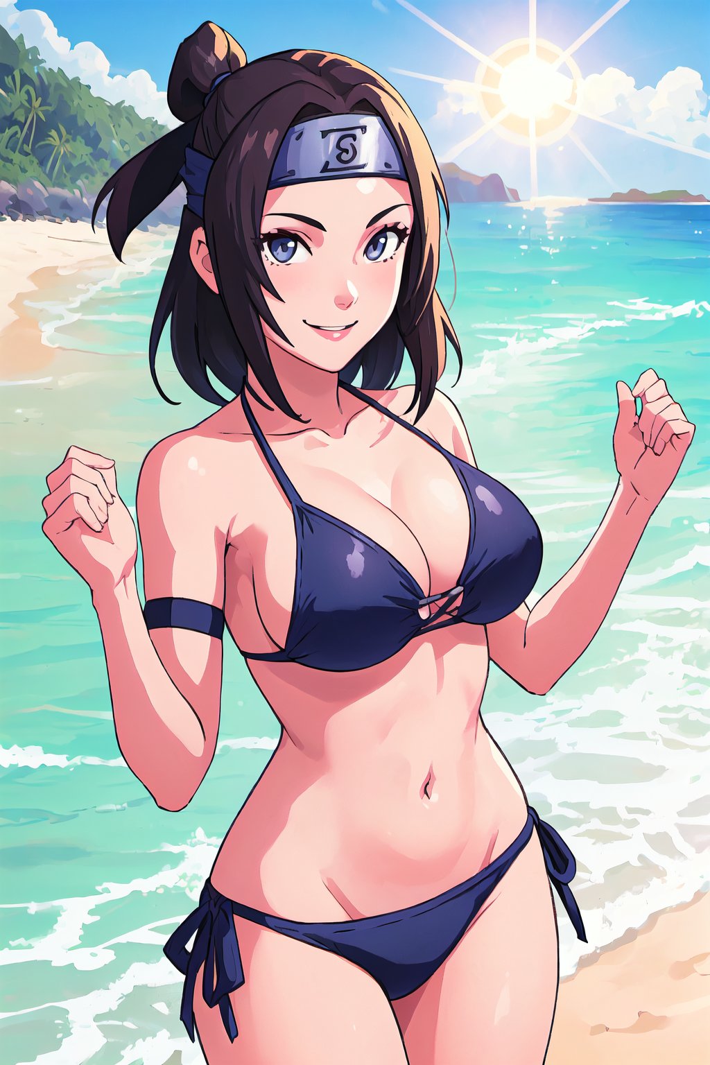 <lora:KishimotoStyle_1-step00002900:0.7>, solo, 1girl, forehead protector, headband, black headband, konohagakure symbol, large breasts, bikini, beach background, sunshine, beautiful, smiling, looking at viewer, cowboy shot