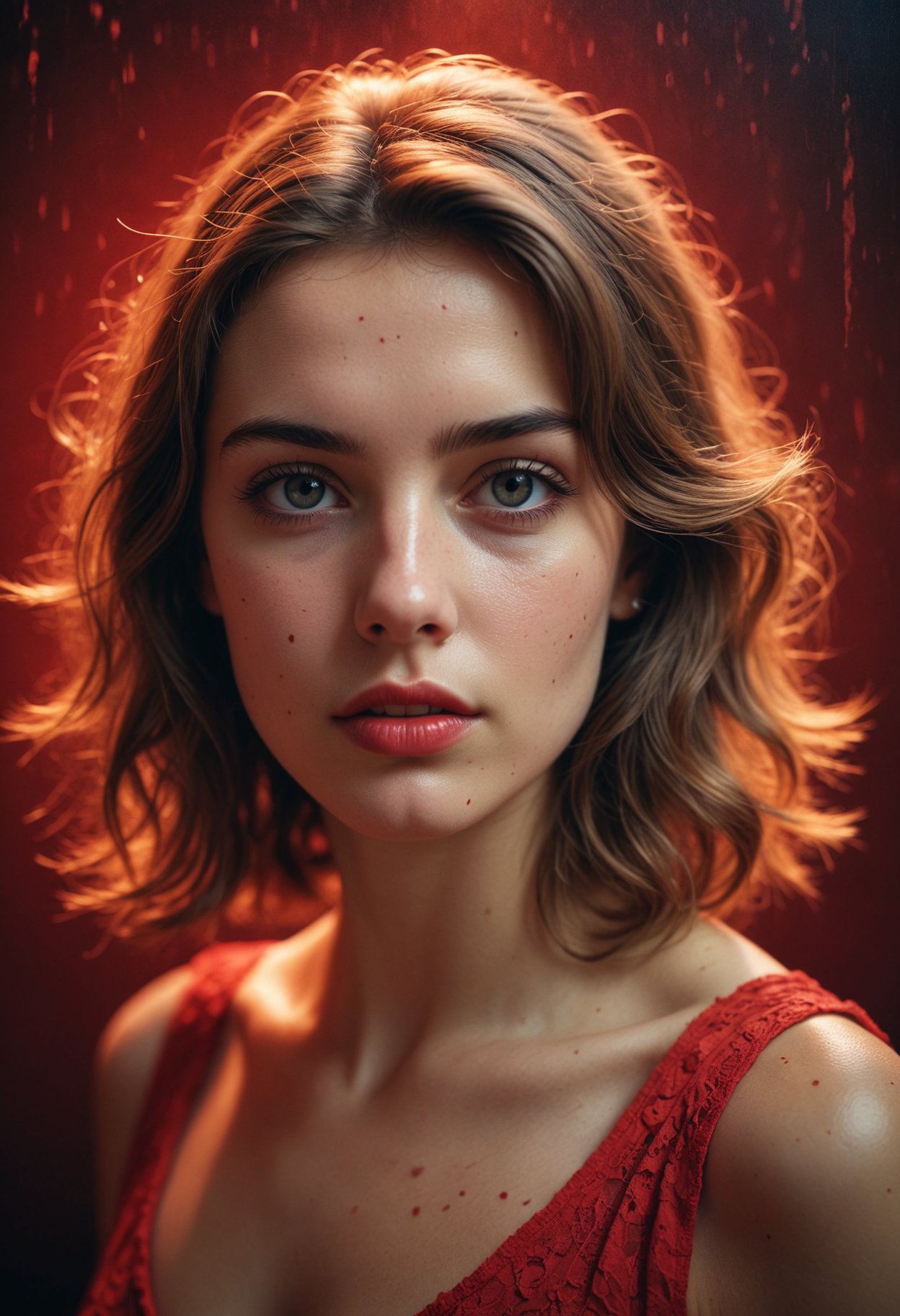 Engulfed By red, a portrait of a pretty french young woman, intricate detail, modern, 16k, digital art, artstation, cinematic lighting, vivid, professional 3d model analog film photo, a portrait of a pretty french young woman, faded film, desaturated, 35mm photo, grainy, vignette, vintage, Kodachrome, Lomography, stained, highly detailed, found footage . octane render, highly detailed, volumetric, dramatic lighting