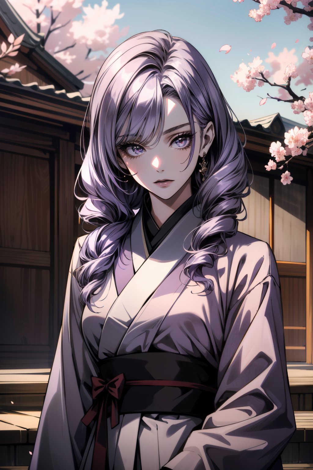 ((ultra detailed, masterpiece, absurdres)) <lora:HGDaniella:0.9>HGDaniella, 1girl, twin drills, purple hair, in a traditional kimono, surrounded by cherry blossoms