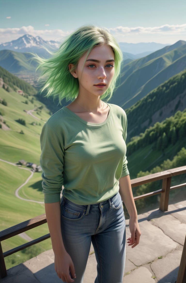 masterpiece of photorealism, photorealistic highly detailed 8k photography, best hyperrealistic quality, volumetric lighting and shadows, pointy hair light green hair young woman in casual clothes, Mountain Landscapes full of busy people, Stunning Aerial Spiral Descent
