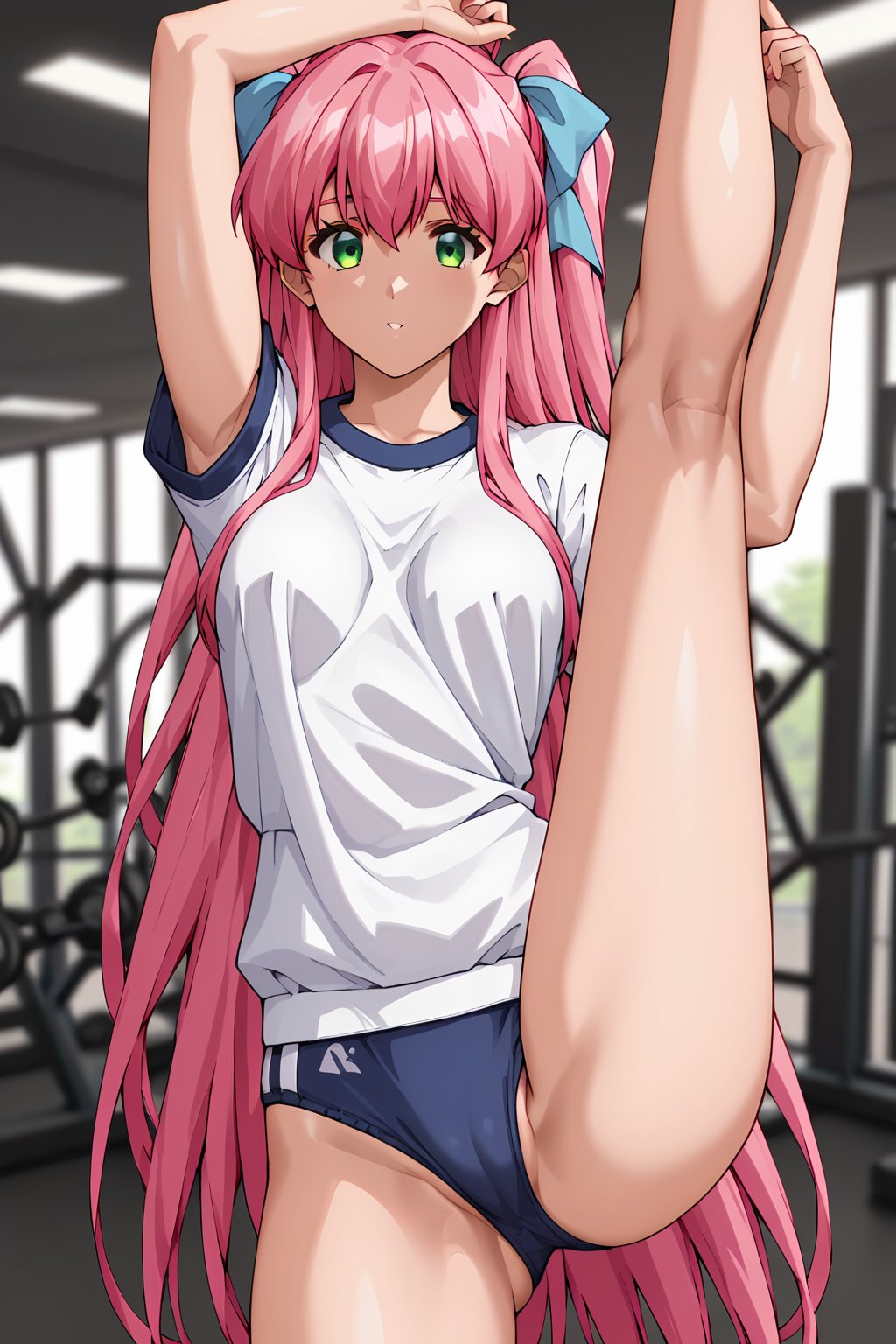 score_9, score_8_up, score_7_up, score_6_up, score_5_up, score_4_up, source_animesaeki kanako, 1girl, pink hair, green eyes, very long hair, two side-up, hair ribbon, blue ribbon, solo, gym uniform, gym, standing split, hair bow, looking at viewer,masterpiece, perfect face, best quality, beautiful girl, blurry background, cute girl, beautiful eyes, shiny eyes, anime coloring, anime screencap, absurdres,  <lora:saeki kanako auti 822:0.8>