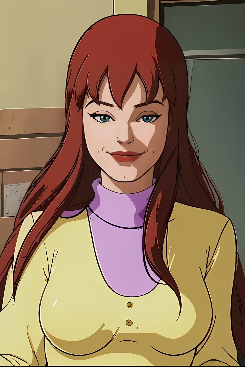 absurdres, mary jane watson, upper body, yellow sweater with purple turtleneck <lora:Mary Jane Watson_v1:1>