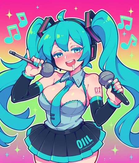 Score_9,score_8_up,score_7_up,solo,1girl,hatsune miku,half-closed eyes,drooling,twintails,big breasts,cleavage,curvy,blush,singing,holding_microphone,colored eyes,elbow sleeve,necktie,skirt,sexually suggestive,cartoonized,graffiti,green theme,gradient background,<lora:Style_Muse_Dash:0.7>,