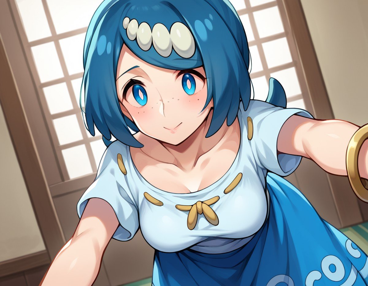 score_9, score_8_up, score_7_up, source_anime,pokemonmotherlana, <lora:pokemon-mother-lana-ponyxl-lora-nochekaiser:1>pokemonmotherlana, blue eyes, blue hair, freckles, hair ornament, long hair, swept bangs, bright pupils,blouse, blue skirt, bracelet, collarbone, dress, jewelry, long skirt, shirt, short sleeves, skirt, white shirt,indoors, bent over,looking at viewer, cowboy shot, dutch angle,