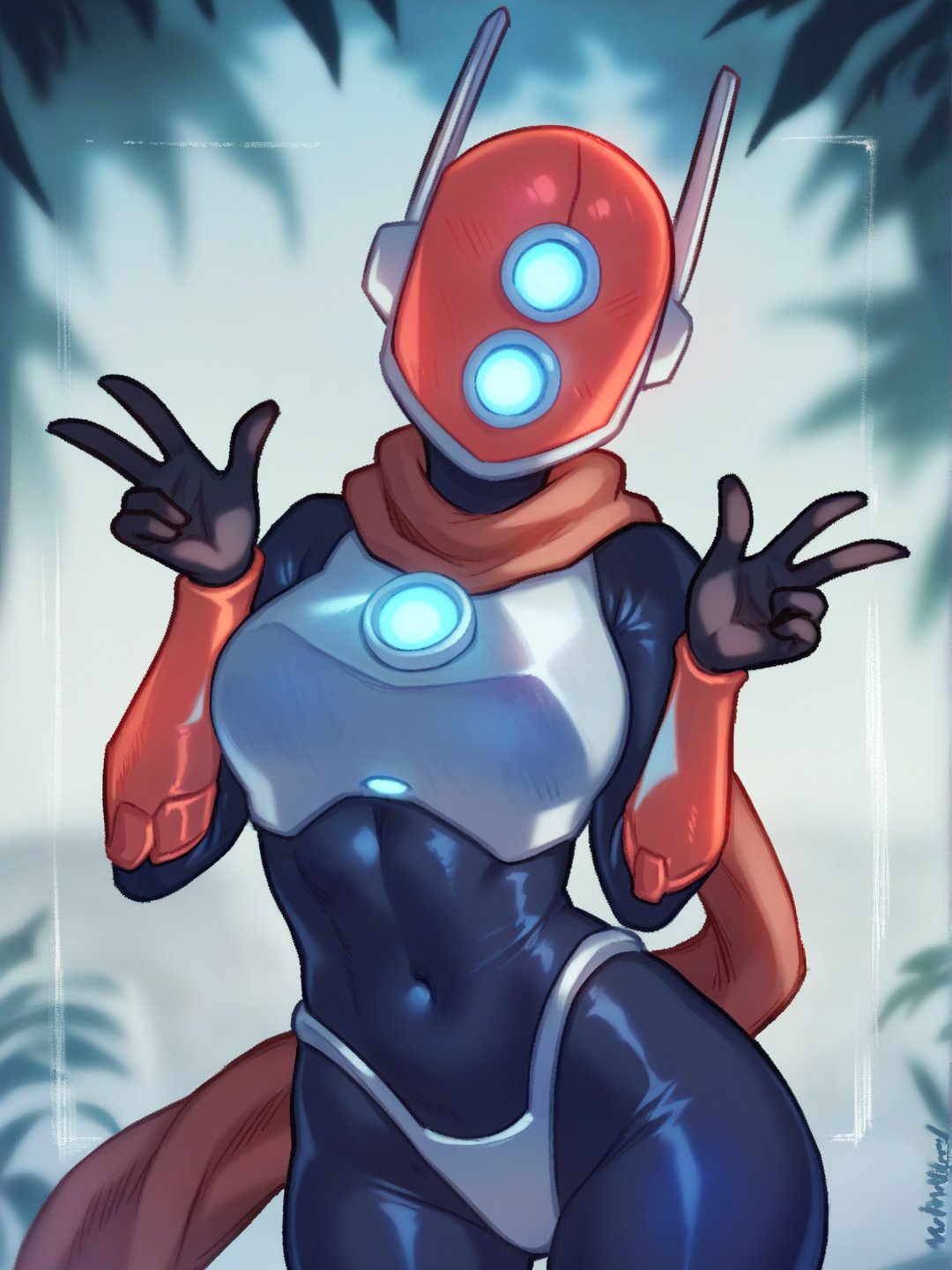 score_9, score_8_up, score_7_up, score_6_up, by ujs, by trz, by zzg, by jtv, huntress, huntress \(risk of rain\), humanoid, mammal, robot, robot humanoid, female, solo, standing, breasts, helmet, [[[[[blue]]]]] bodysuit, scarf, armor, gloves, thick thighs, breastplate, standing, looking at viewer, unusual eyes, helmet, three-quarter portrait, upper body, antennae, glowing, front view, from front, slim, athletic,  <lora:huntress_pdxl_:1>