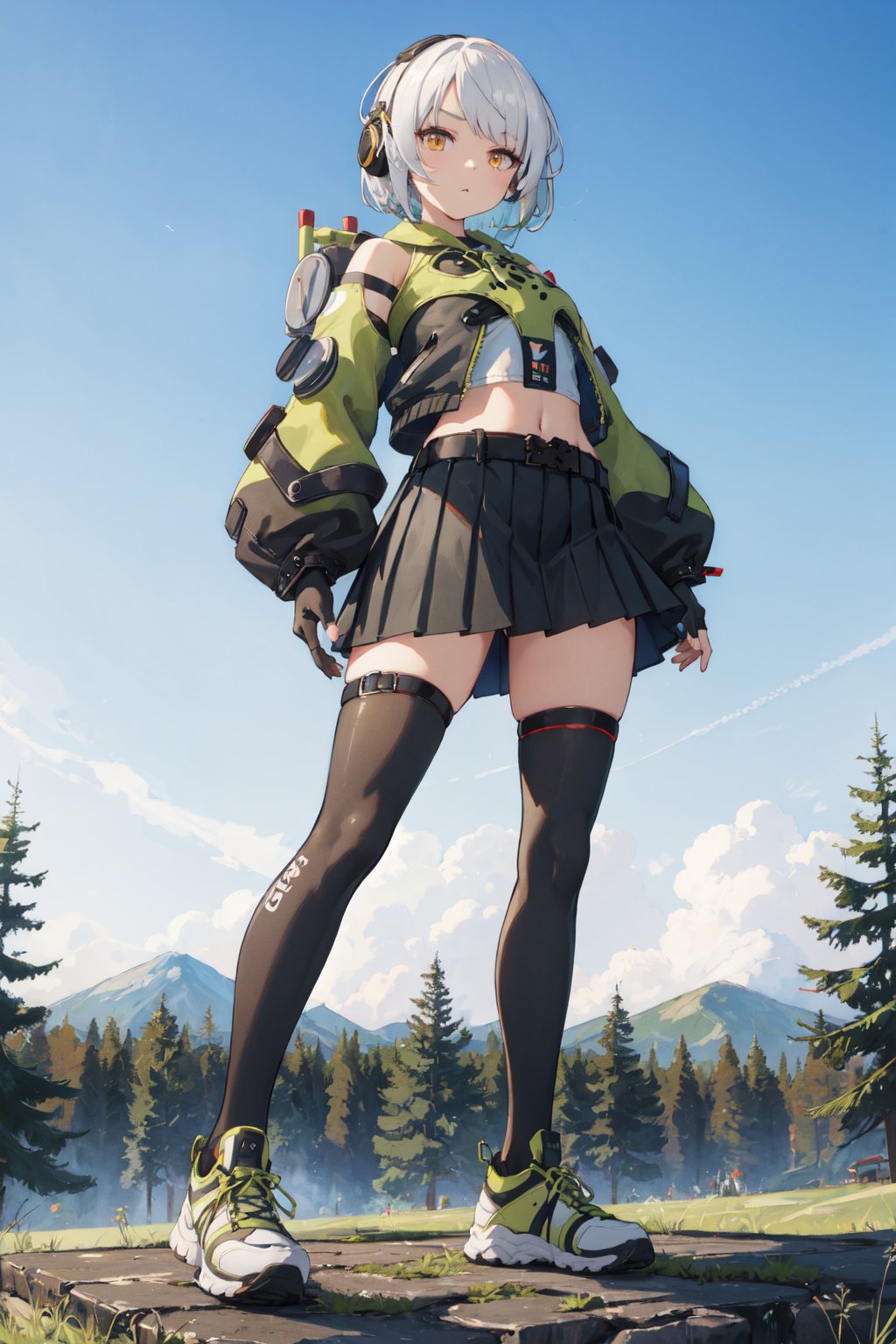 <lora:Anby-000020:0.88>,Anby CYQL,1girl,looking at viewer,solo,short hair,white hair,headphones,yellow eyes,jacket,midriff,long sleeves,detached sleeves,gloves,black gloves,fingerless gloves,navel,skirt,pleated skirt,black skirt,belt,thighhighs,black thighhighs,shoes,sneakers,green footwear,blush,bust,Towering millennium-old pines stand tall and robust, their needles blanketing the ground, soft underfoot. The air is suffused with the fresh scent of pine resin,beautiful detailed sky,beautiful detailed glow,posing in front of a colorful and dynamic background,masterpiece,best quality,beautiful and aesthetic,contrapposto,female focus,wallpaper,