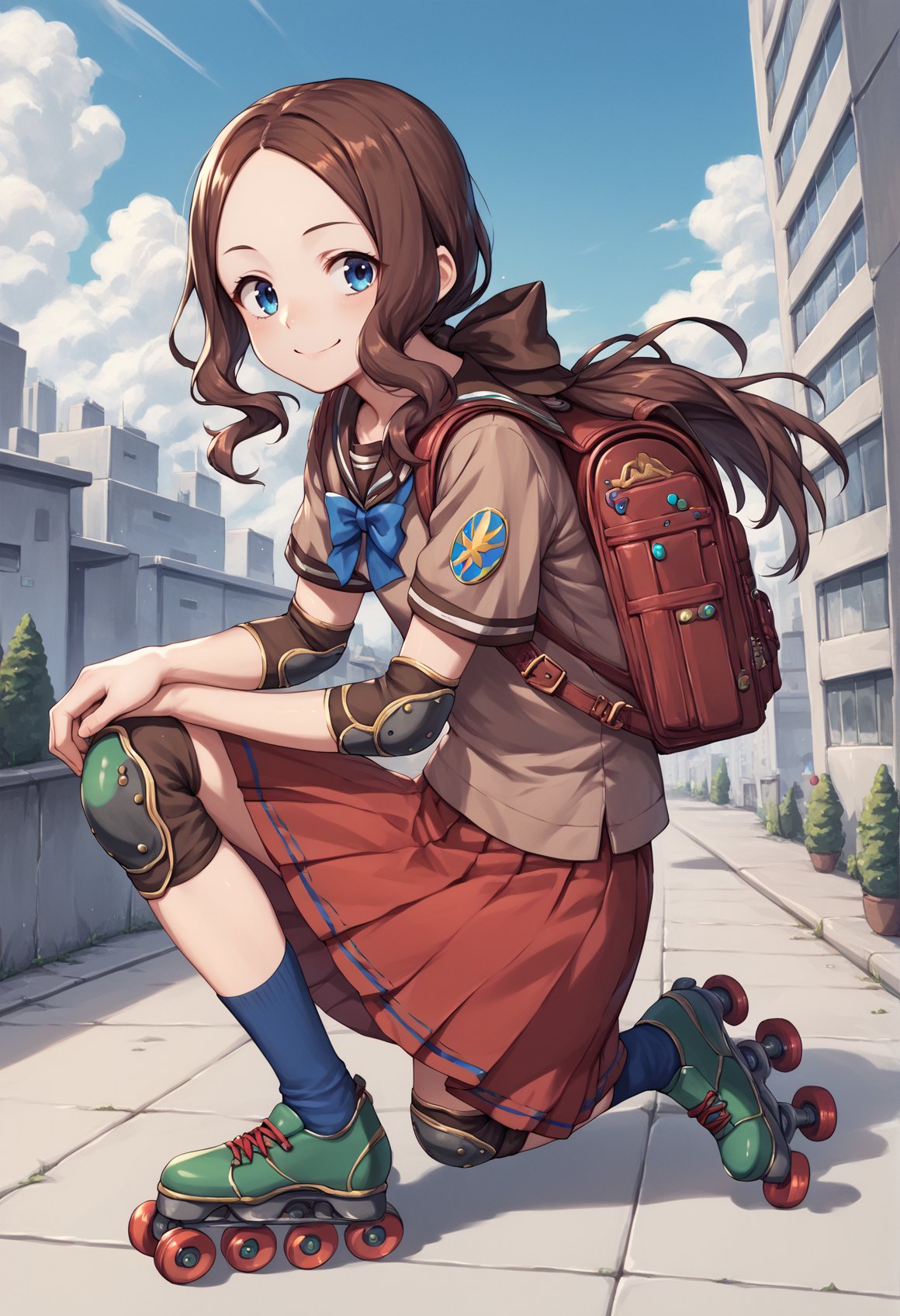 1girl, blue eyes, long hair, brown hair, forehead, sidelocks, low ponytail, ribbon, serafuku, brown shirt, red skirt, blue socks, roller skates, knee pads, backpack, outdoors, city, smile, full body, elbow pads,  <lora:Vinci_XL:1>, score_9, score_8_up, score_7_up, score_6_up, score_5_up, score_4_up, BREAK source_anime, masterpiece