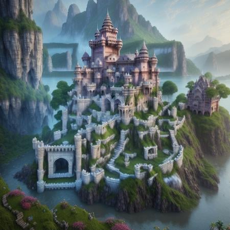 RAW photo of an Indian castle surrounded by water and nature, village, volumetric lighting, photorealistic, insanely detailed and intricate, Fantasy, epic cinematic shot, trending on ArtStation, mountains, 8k ultra hd, magical, mystical, matte painting, bright sunny day, flowers, massive cliffs, Sweeper3D