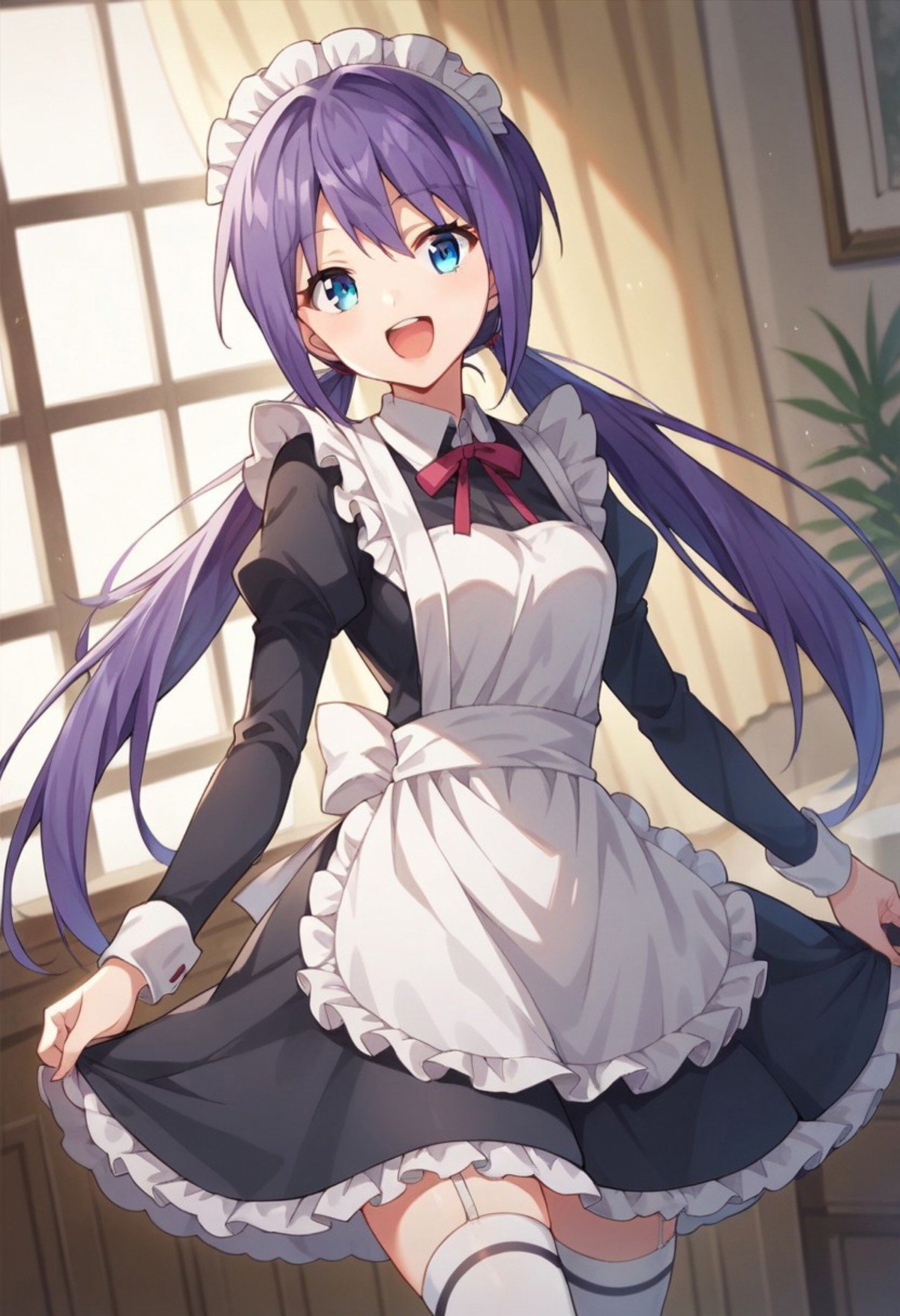 score_9, score_8_up, score_7_up, source_anime, manaka ao, long hair, blue eyes, low twintails, purple hair, 1girl, solo, maid, thighhighs, maid headdress, smile, open mouth, apron