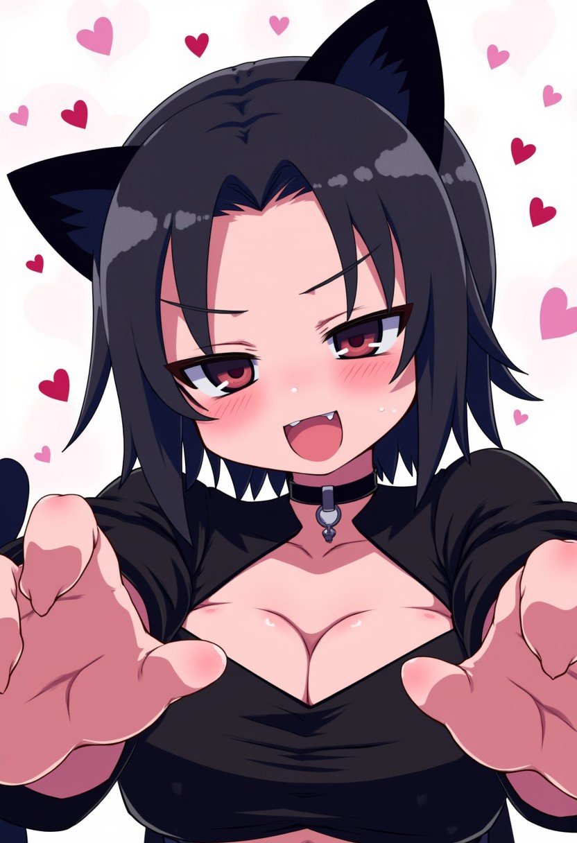 zankuro, medium breasts, smile, 1girl, short hair, black hair, cat ears, ponytail, black shirt, choker, goth girl, from below, upper body, hearts, dutch angle, smug, looking down, teeth, fang