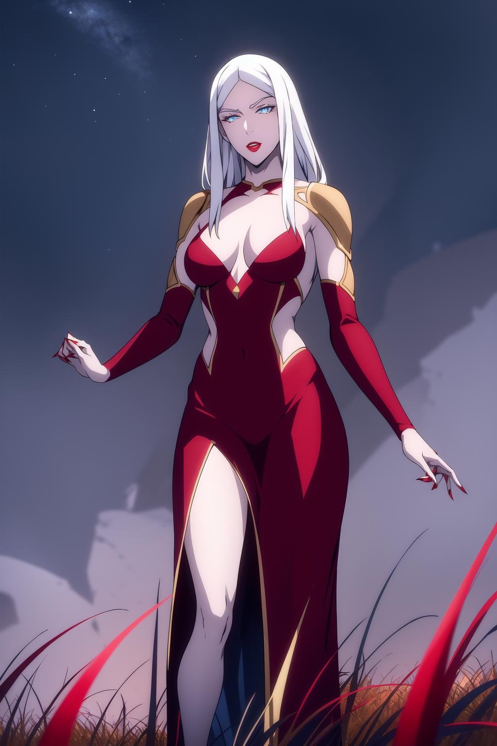 carmilla <lora:carmilla_castlevania:0.8>, full body, medium breasts, white hair, beautiful face, blue eyes, red lipstick, (masterpiece:1.2), best quality, absurdres, highres, extremely detailed wallpaper, perfect lighting, outdoors, grass, field, night sky, 