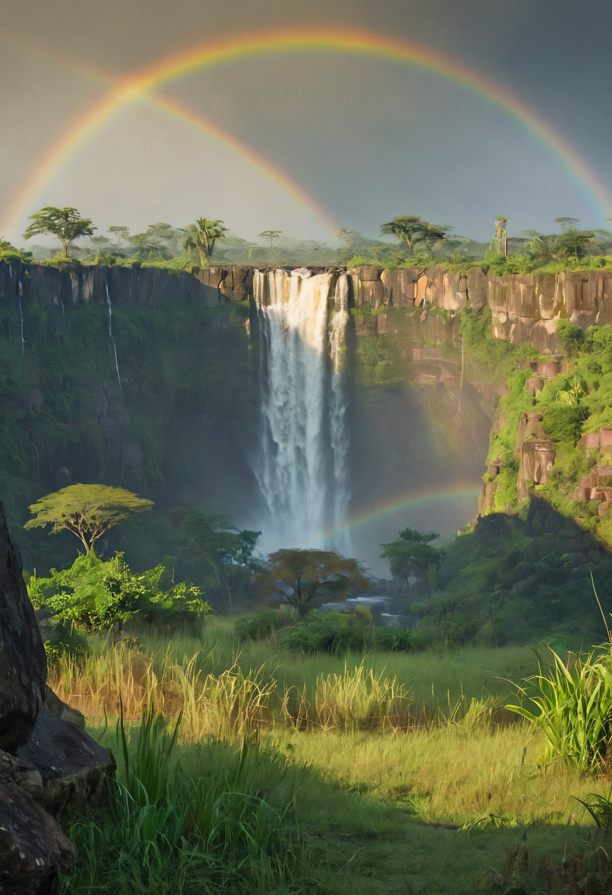 A vast, sun-kissed savannah stretches out before you, dotted with towering grasses and ancient stone ruins. Inthe distance, a thunderous waterfall cascades down from the peak of a mountain range, its mist creating a rainbowin the sky.