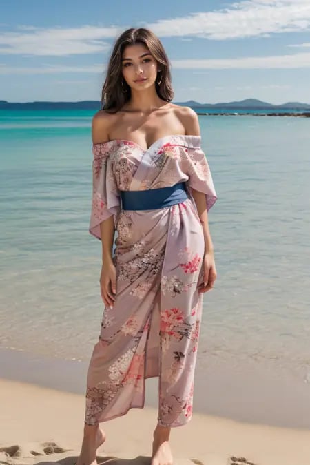 1 woman, detailed, realistic, standing, full body shot, scenic view, beach, sun<lora:Kimono Floral Dress By Stable Yogi:0.6> purple  floral print kimono off shoulder