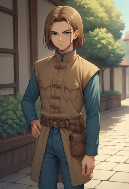 score_9, score_8_up, score_7_up, source_anime, highly detailed, 1boy, solo, male_focus, solo, 1boy, male focus, brown hair, blue eyes, standing,hand on hip, belt, long sleeves, pouch, pants, medium hair,outdoor