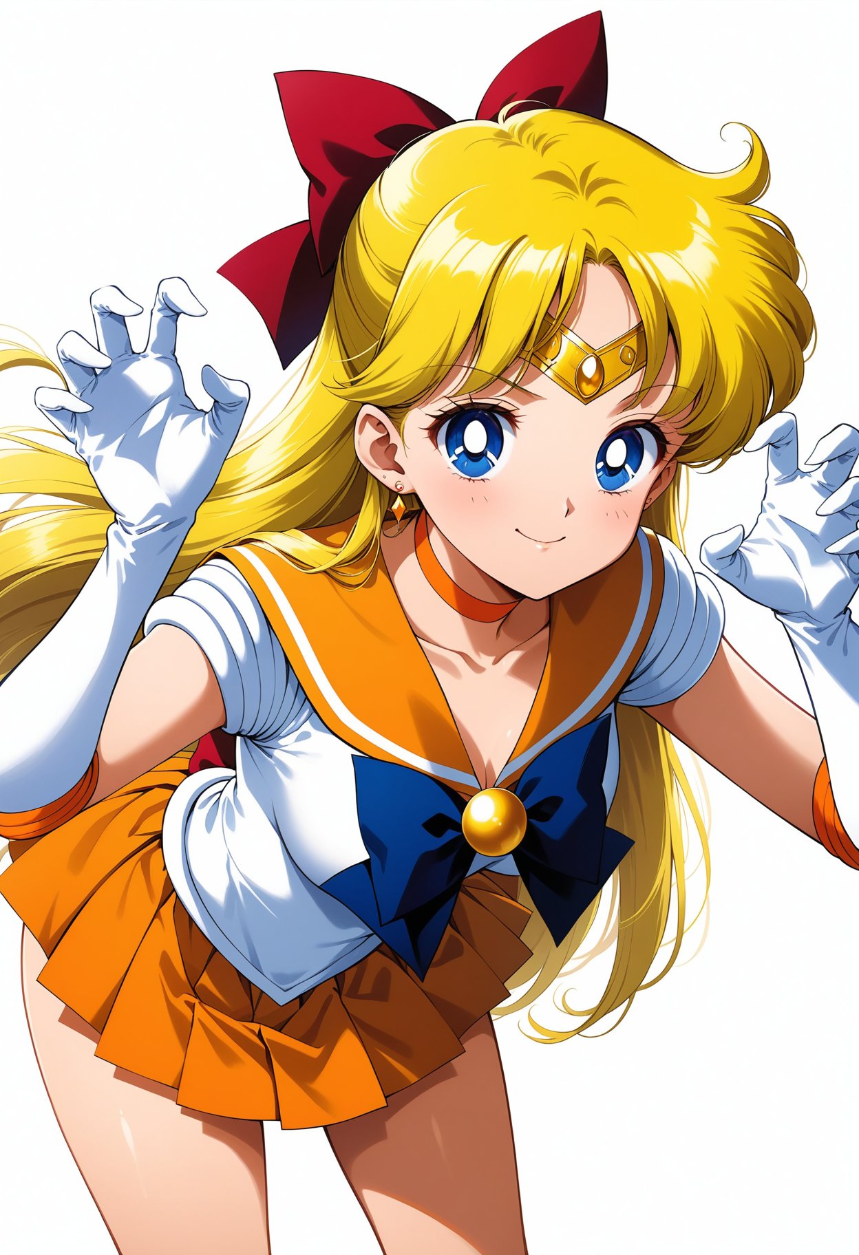 (masterpiece, best quality, very aesthetic, ultra detailed), intricate details, 4k, aavenus, long hair, blonde hair, hair bow, tiara, earrings, blue eyes, orange choker, orange sailor collar, blue bowtie, white shirt, elbow gloves, white gloves, pleated skirt, orange skirt, bare legs, <lora:sailor_venus_animaginexl_v2:0.9>, smile, claw pose, leaning forward, simple background